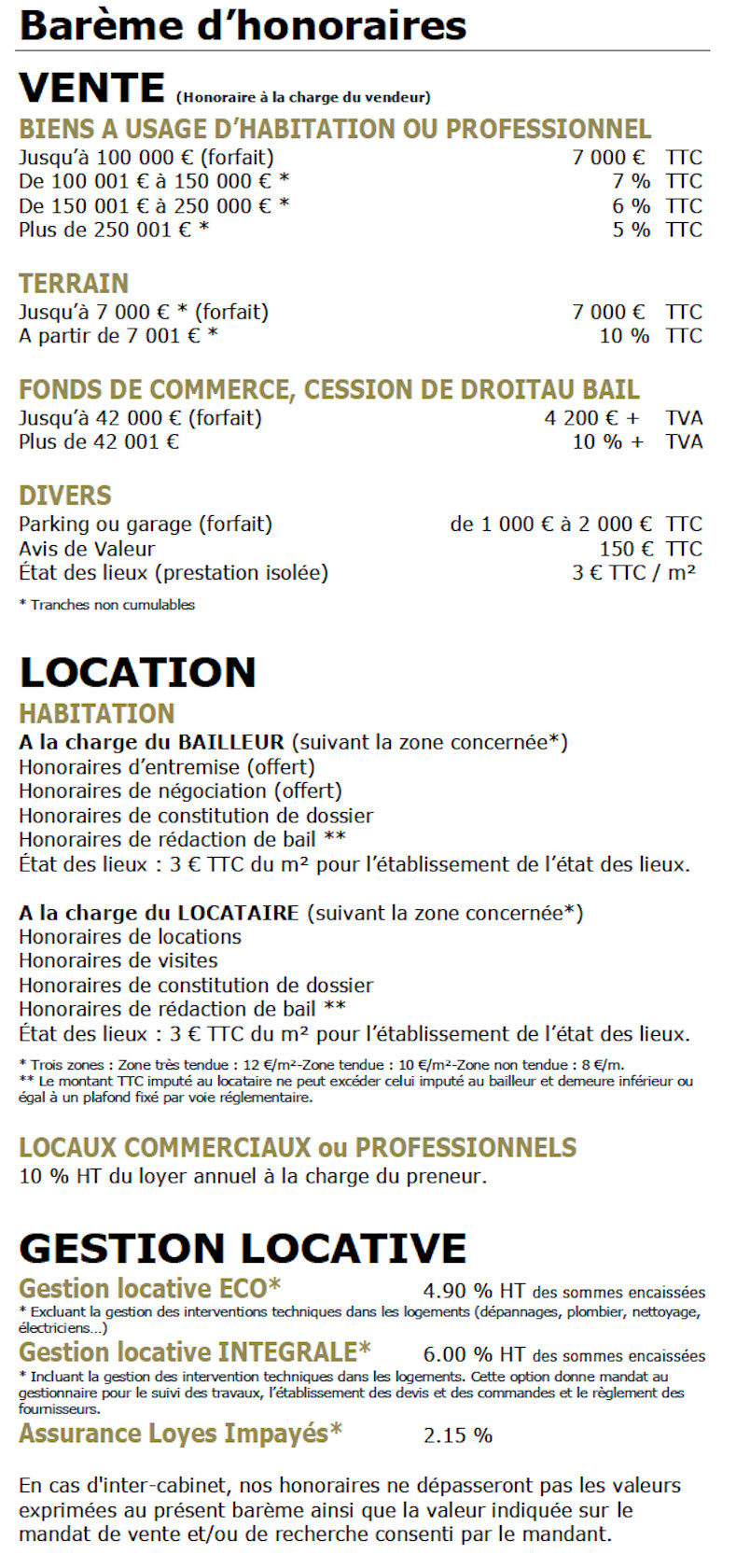 BAREME HONORAIRES